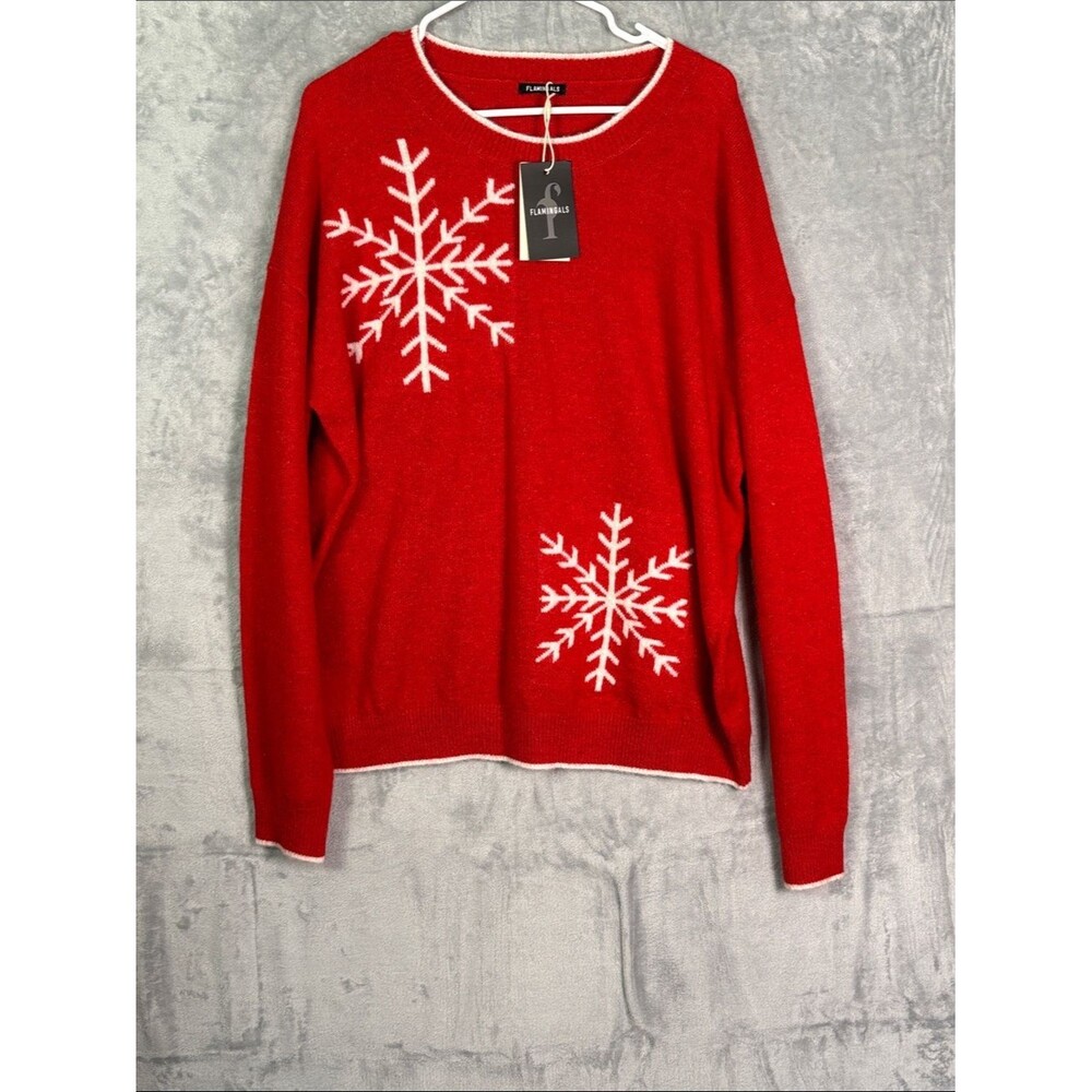 NWT New Flamingals Red Christmas Holiday Snowflake Wool Blend Sweater Size XXL